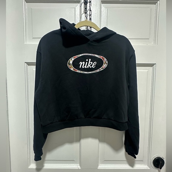Nike Women's Black Floral Print Crop Pullover Hoodie Size Small EUC - Picture 2 of 4